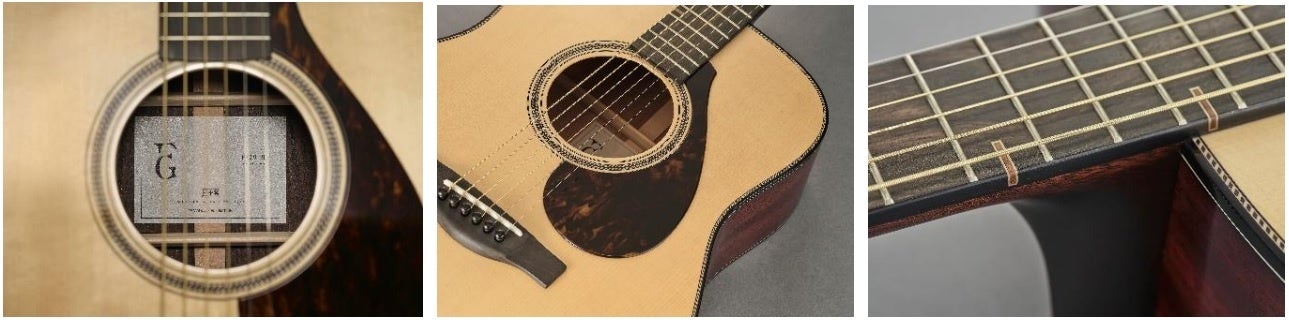 （左）サウンドホール内面の和紙を使用したラベル （中）日本の縄を模したロープインレイ （右）ネックに施された組木細工風のデザイン