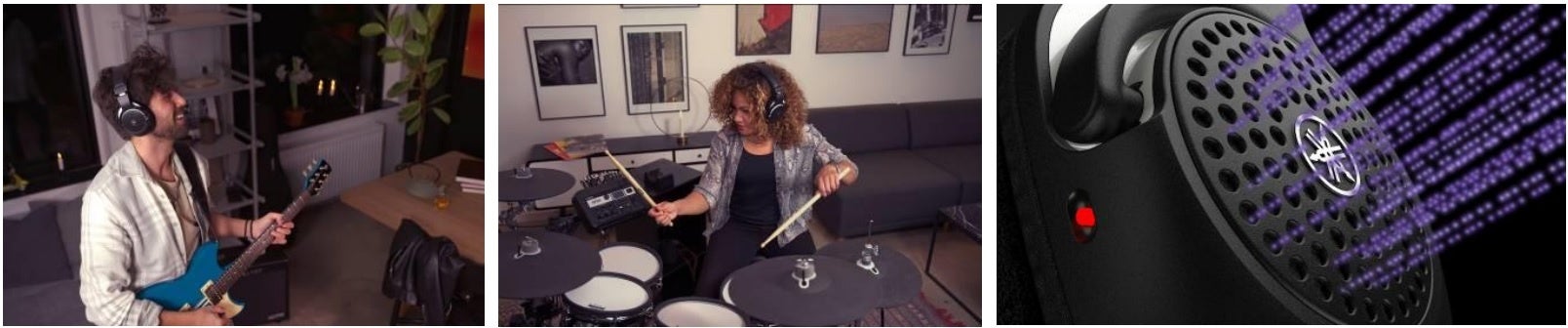 （左）ギター演奏での使用シーン （中）電子ドラムの演奏もワイヤレスで楽しめる （右）音を適度に開放し、長時間使用しても疲れにくいセミオープン型デザインを採用