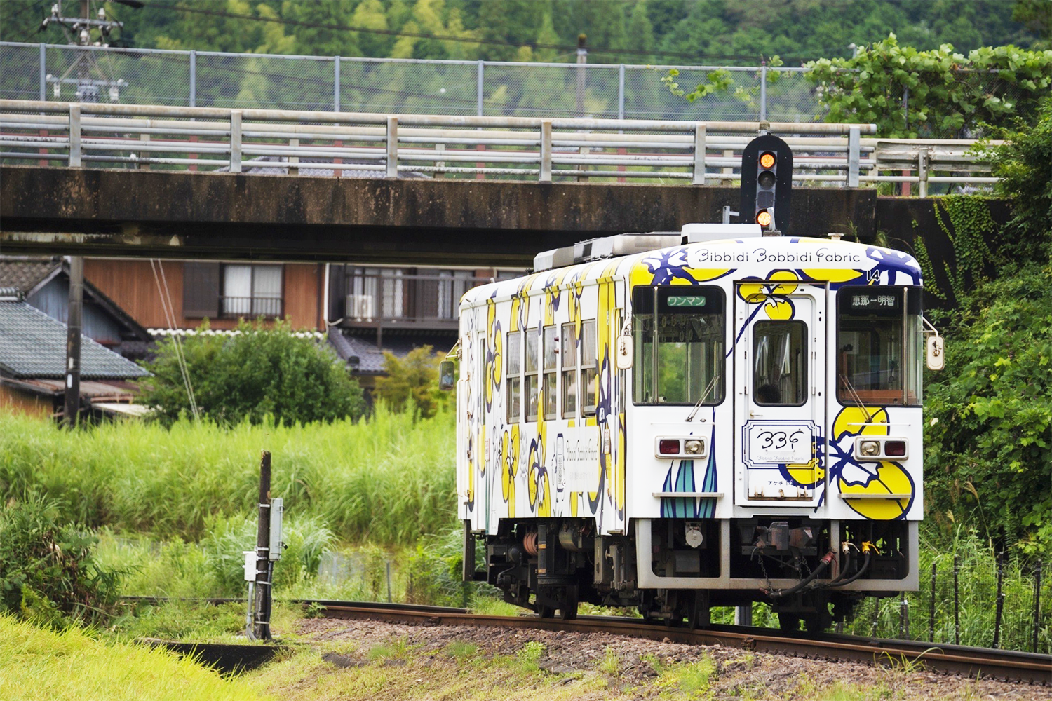 農村景観を走るラッピング列車
