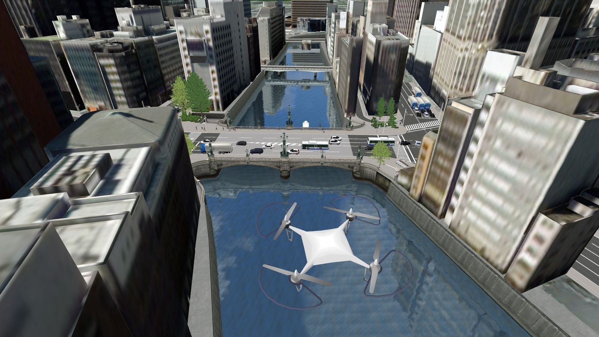 首都高が撤去された後の日本橋の街並みを、ドローンや飛行船に乗った気分で操縦体験が味わえます