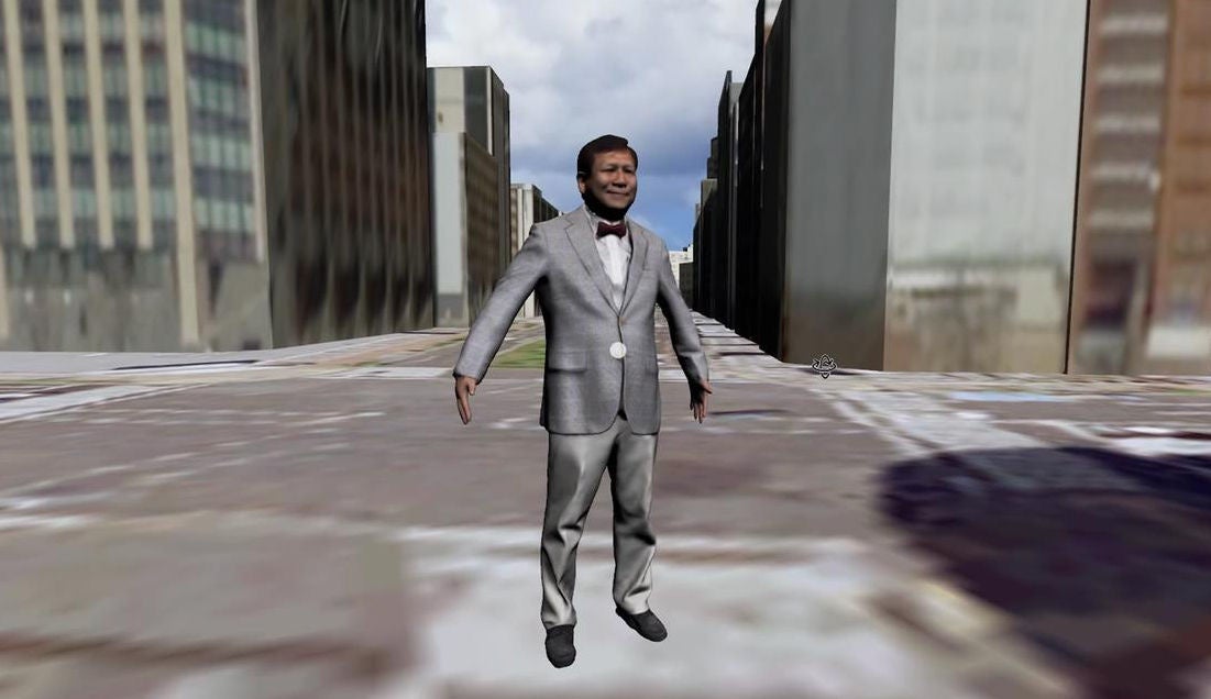 日本橋の街並みをバックにたたずむ、建設ITジャーナリスト イエイリのキモカワイイアバター