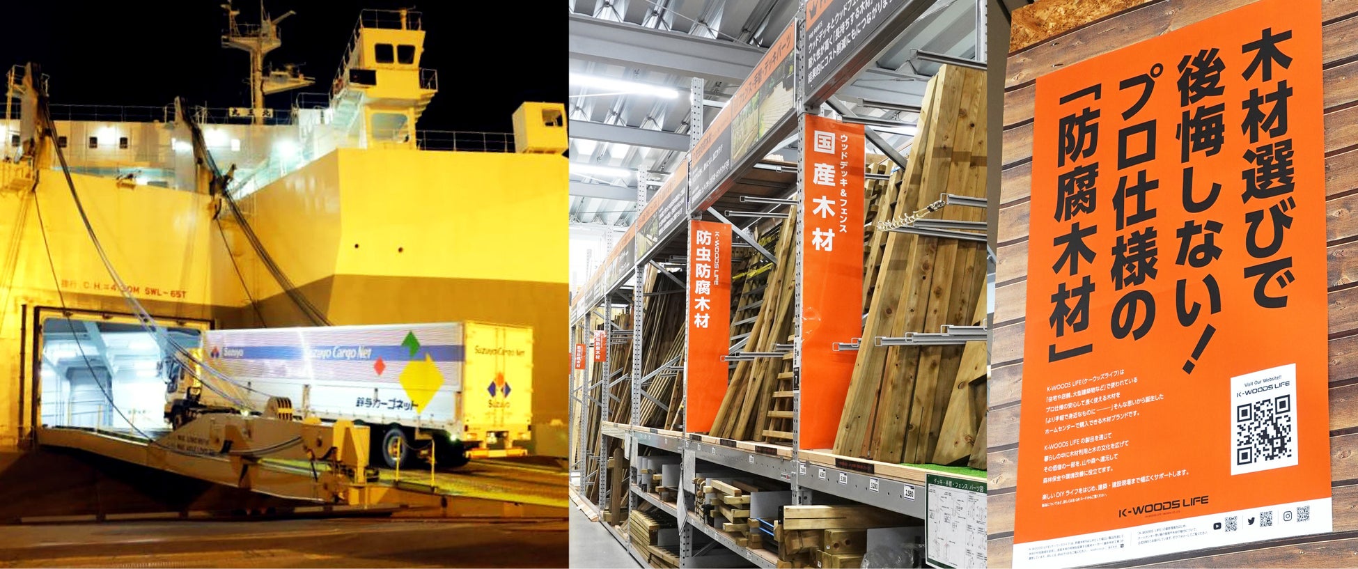 神栖市(工場)〜札幌市間のトラック輸送から、常陸那珂→苫小牧を海上輸送に変更削減。(右はホームセンター売場)