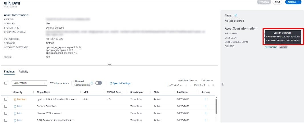 Tenable Vulnerability Managementに提供されるCriminal IPのIPアドレス分析結果