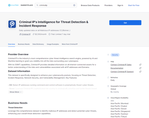 Criminal IP脅威検知・インシデント対応向けインテリジェンスのSnowflakeマーケットプレイス購入ページ
