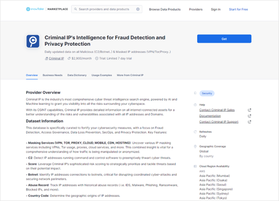 Criminal IP詐欺検知・プライバシー保護向けインテリジェンスのSnowflakeマーケットプレイス購入ページ