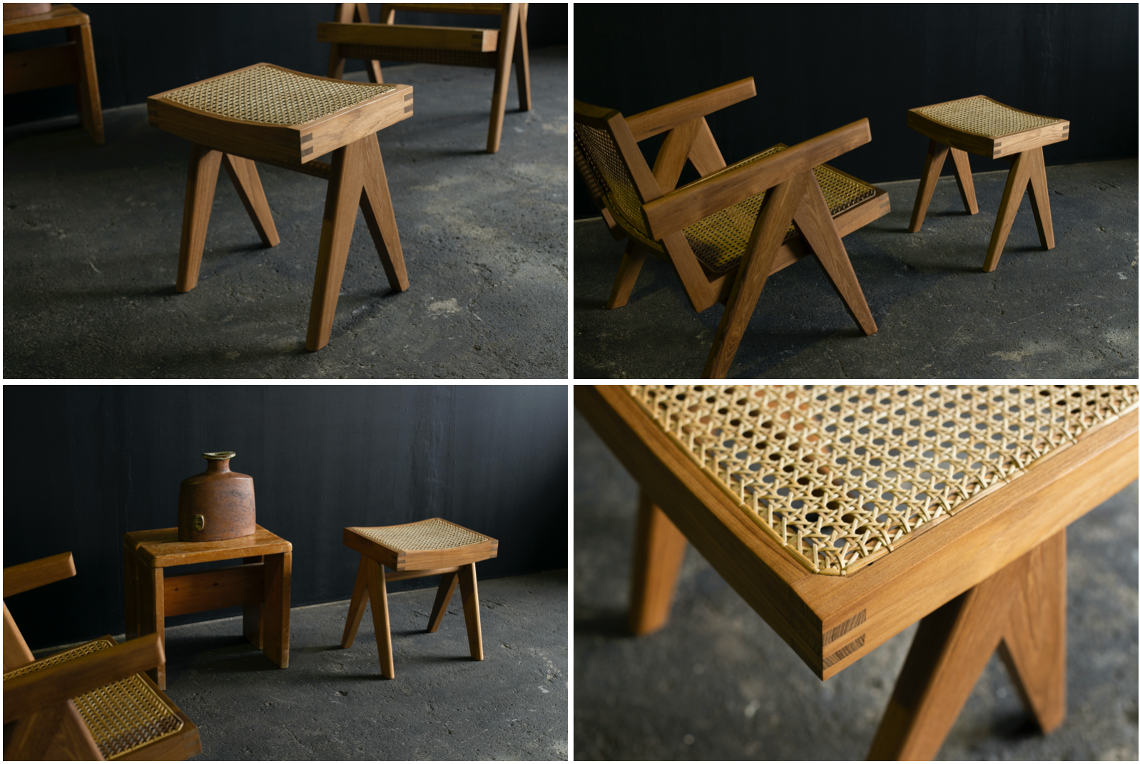 「Low Cane Stool」販売価格：330,000円(税込)  サイズ：W390×D320×H420mm、素材：チーク、藤