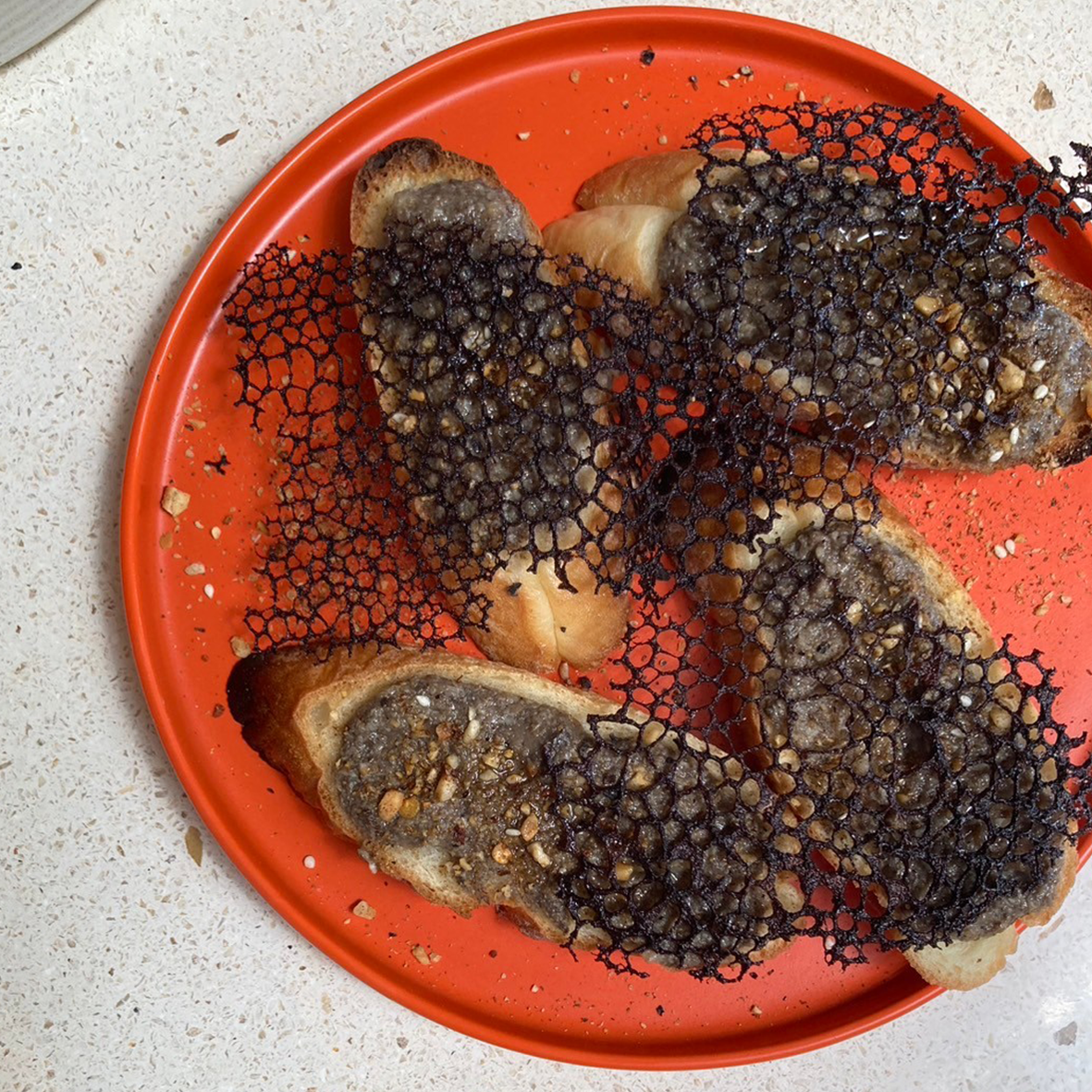 マッシュルームブルスケッタ&nbsp; IDR 65.000 自家製きのこのペーストとチーズに見立てたチュイルで深みをプラス。