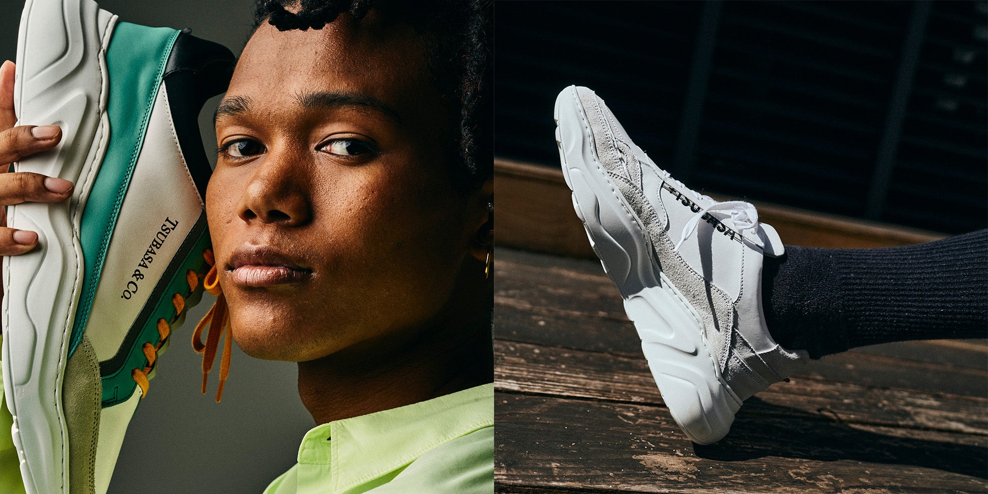 林檎の廃棄物を使用した素材のスニーカー　(左) MERO-MERO T-BLUE ¥36,300　(右) DOKI-DOKI WHITE ¥36,300 (どちらもMADE IN PORTUGAL)　サイズ36〜44