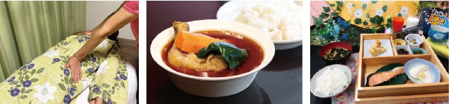 左から全身もみほぐし60分コース、夕食の薬膳スープカレー、朝食一例