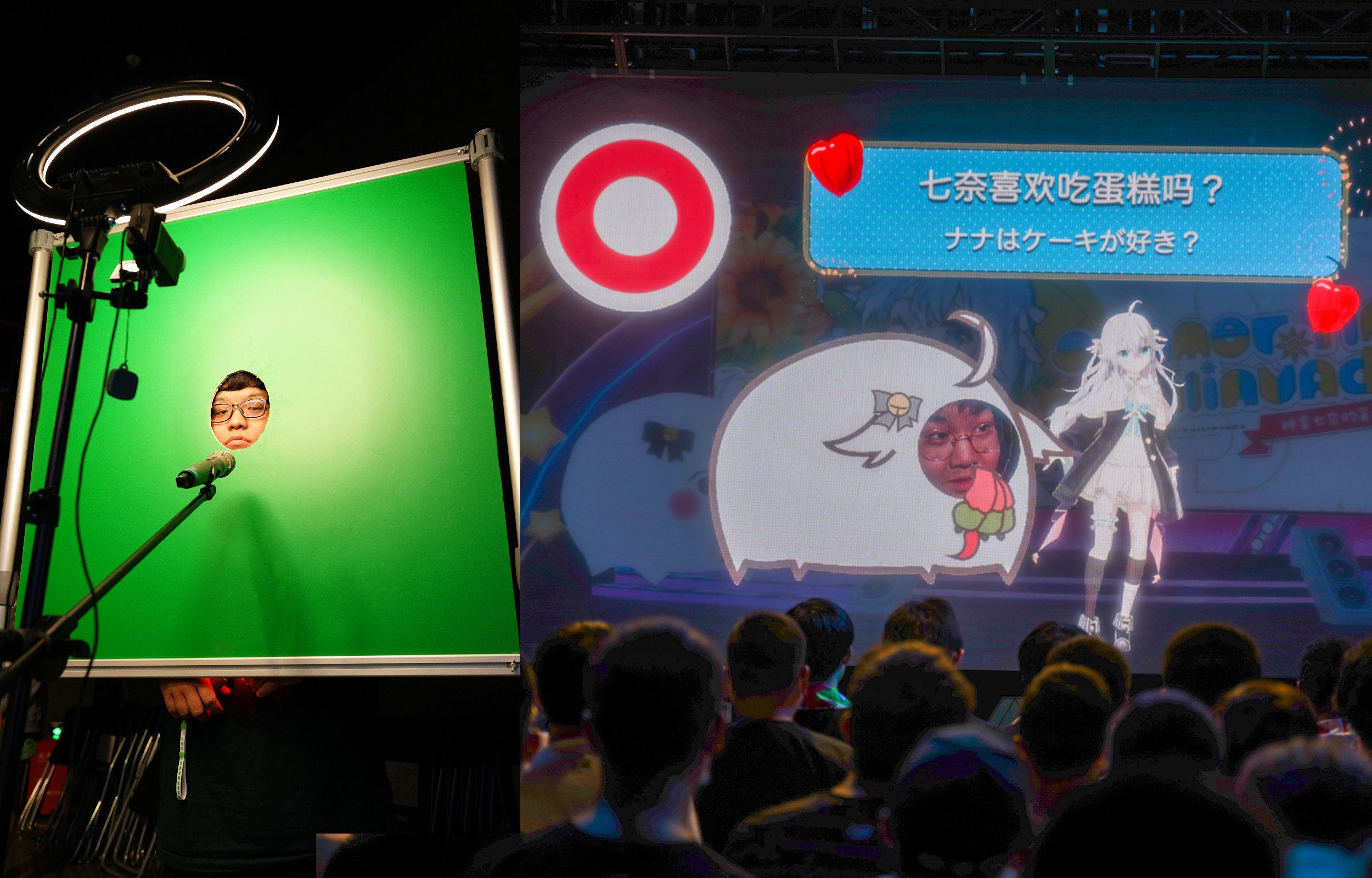 穴が空いているパネルに、ご来場されたファンご自身の顔をはめていただき、ステージ上のキャラにファンの顔を合成することにより、推しと一緒にステージに立つ、という体験を提供。ファンミーティングを存分に楽しんでいただいた。（2020年8月29日撮影）