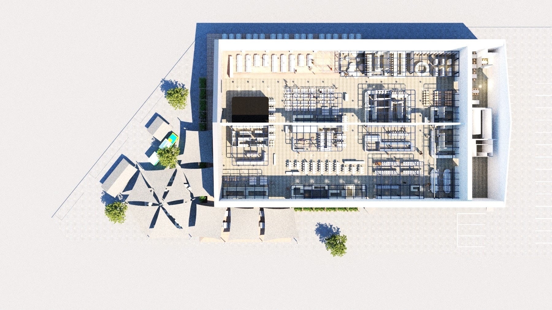 外部にも広いテラスやイベントスペース