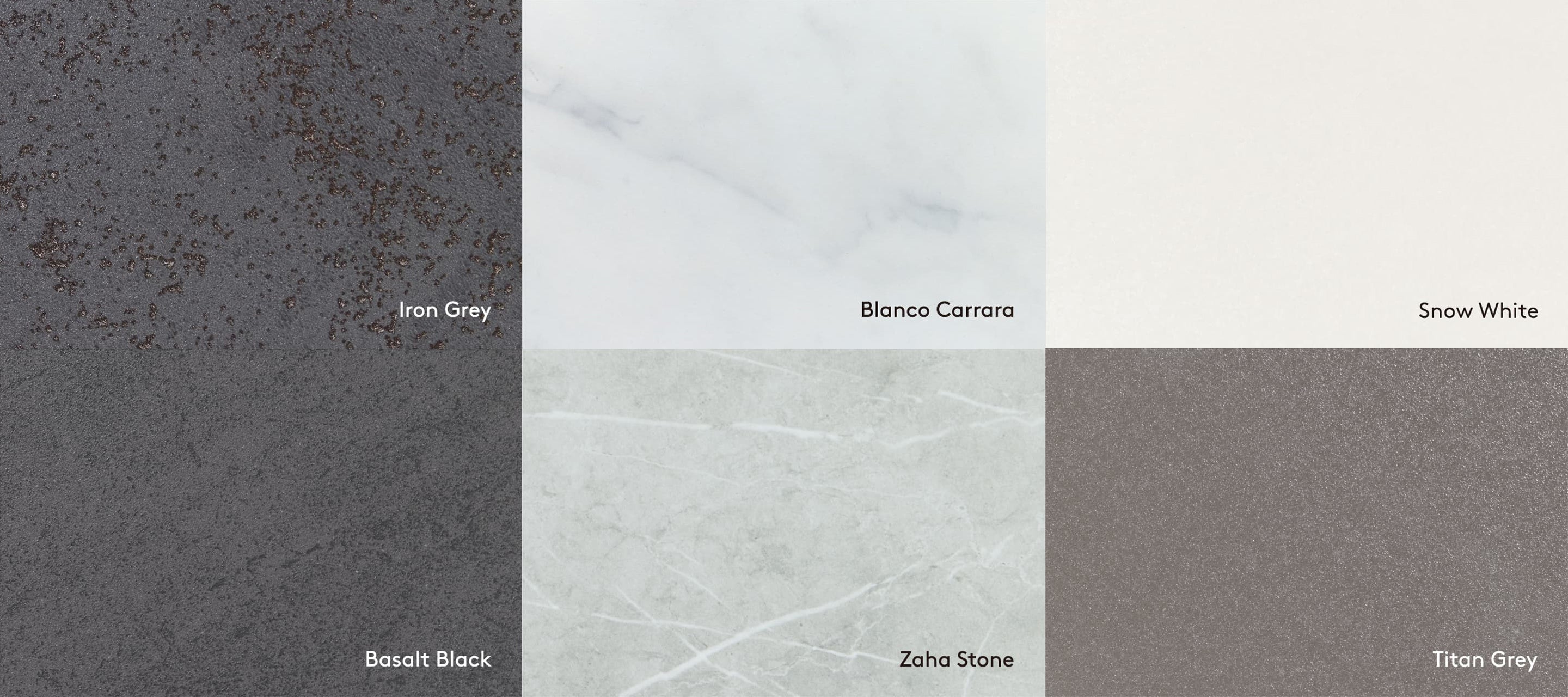 ［上段左より］アイアングレイ／ビアンコカララ／スノーホワイト［下段左より］バサルトブラック／ザハストーン／チタングレイ