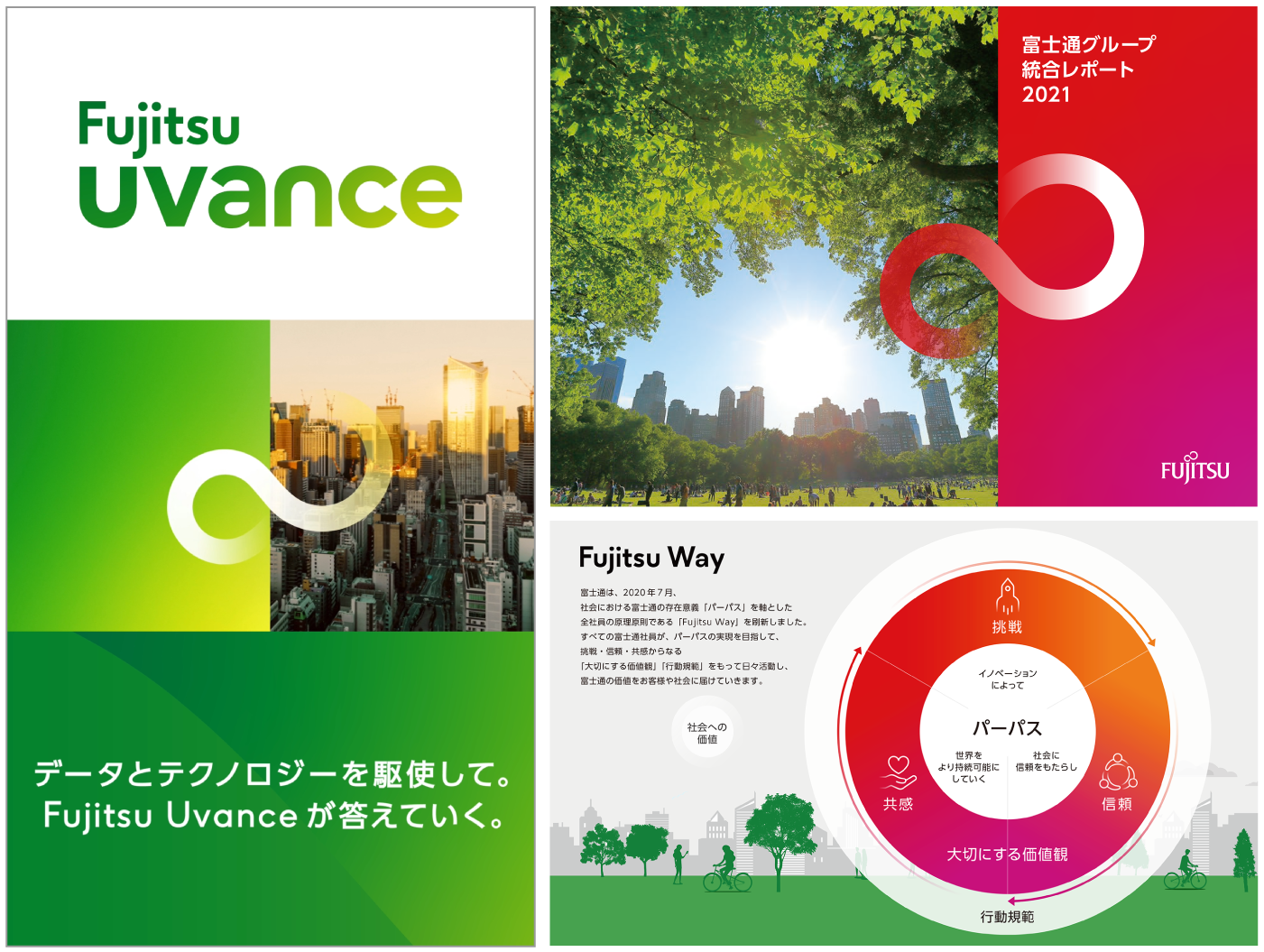左）富士通広告映像より　右）「富士通グループ総合レポート2021」より　和文フォントはUD新ゴを使用