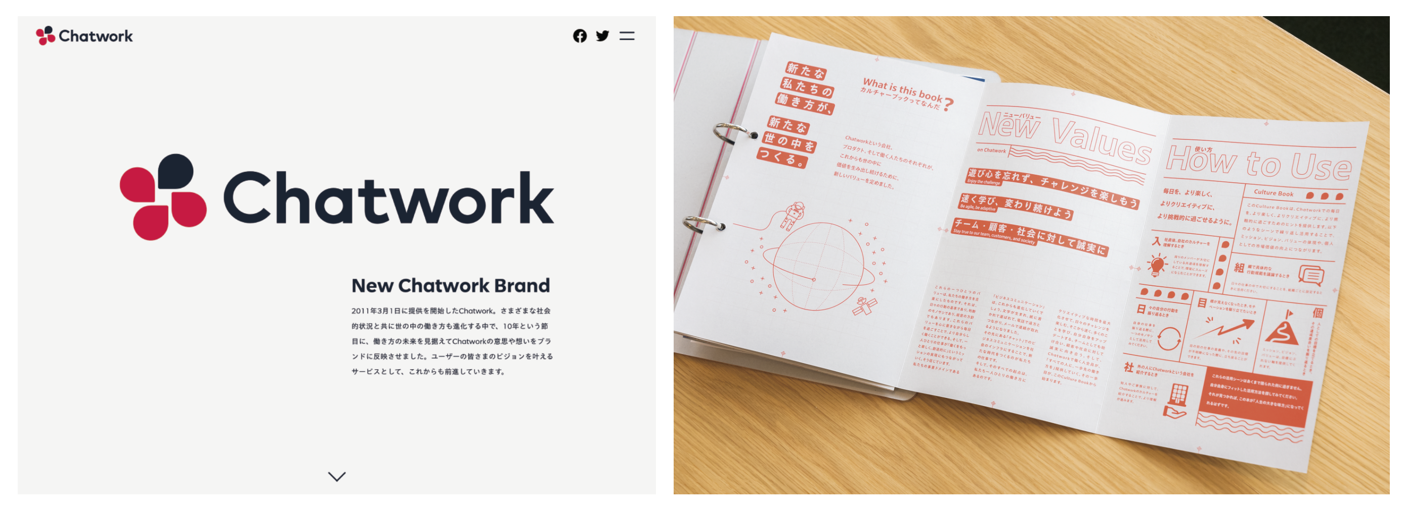 Chatworkブランドサイト（左）　社内のミッション・ビジョン・バリューを社員がより深く理解するために制作したカルチャーブック（右）