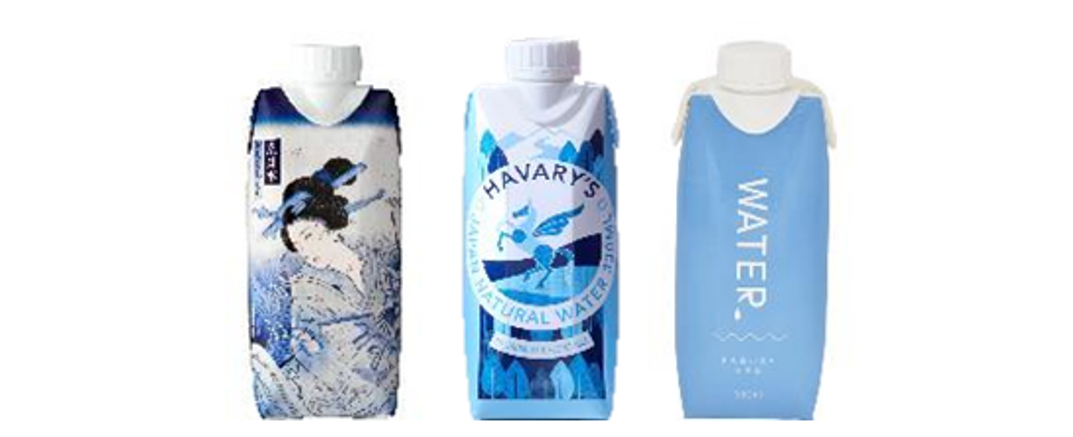 日本テトラパックが提供したミネラルウォーター類製品 （『テトラ・プリズマ®アセプティック 330ml スクエア ドリームキャップ™ 26』紙容器入り） 左から：サクラ食品工業株式会社、株式会社ハバリーズ、三井農林株式会社（50音順）