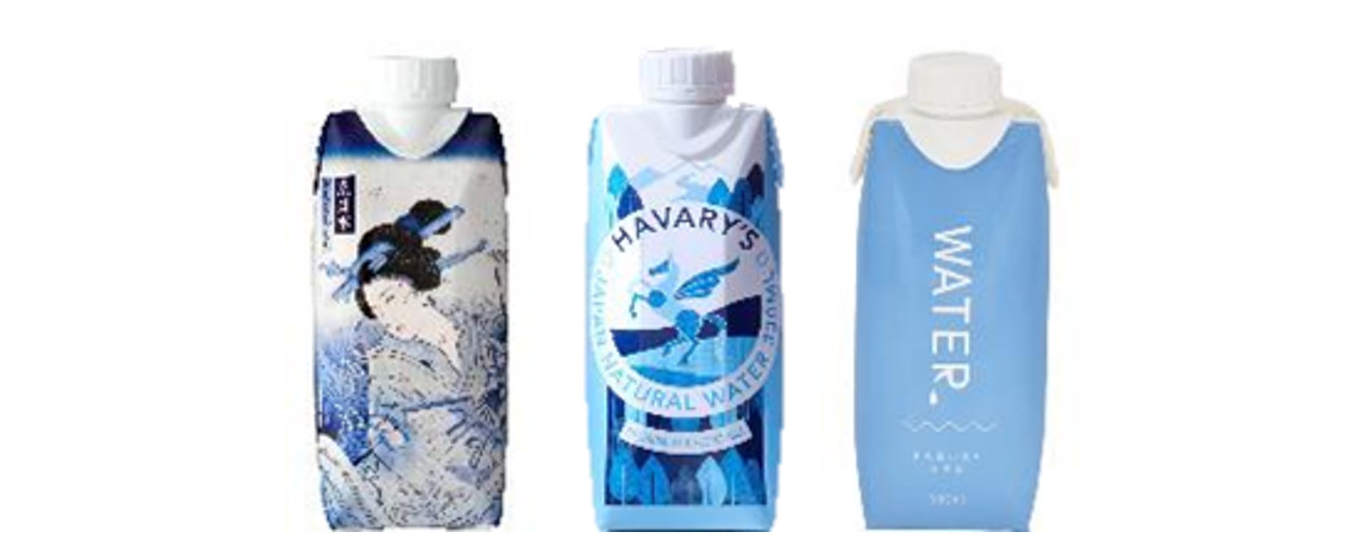 日本テトラパックが提供したミネラルウォーター類製品 (『テトラ・プリズマ®アセプティック 330ml スクエア ドリームキャップ™ 26』紙容器入り) 左から:サクラ食品工業株式会社、株式会社ハバリーズ、三井農林株式会社(50音順)