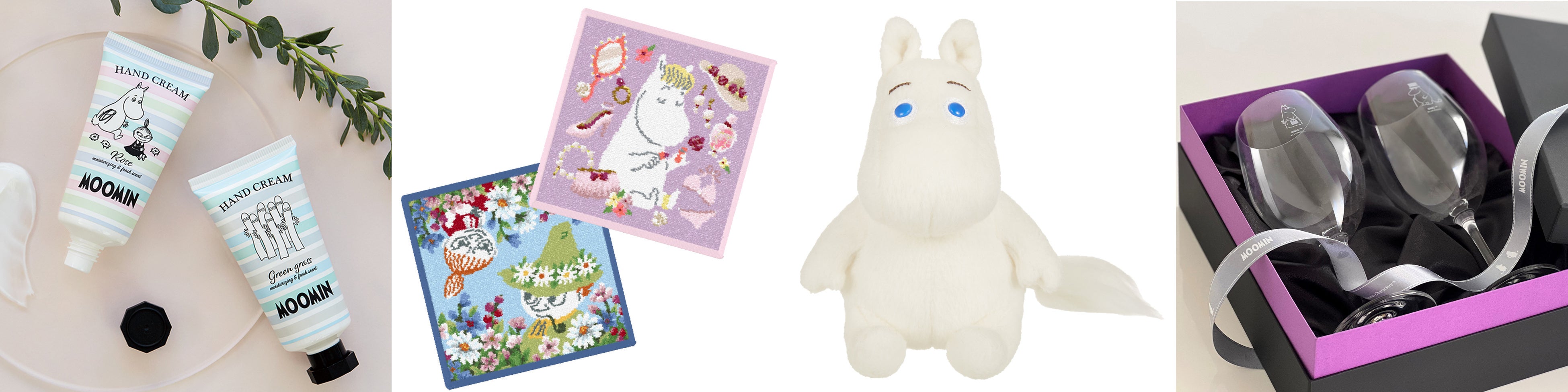 写真左から ハンドクリーム 638円 フェイラー ハンカチ 2,750円 ムーミン 手のひらぬいぐるみ 2,530円 ワイングラス・リーデル ペア 9,900円