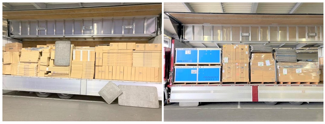 左:従来のバラ積み(手積み)による積載状態、右:パレット化した積載状態