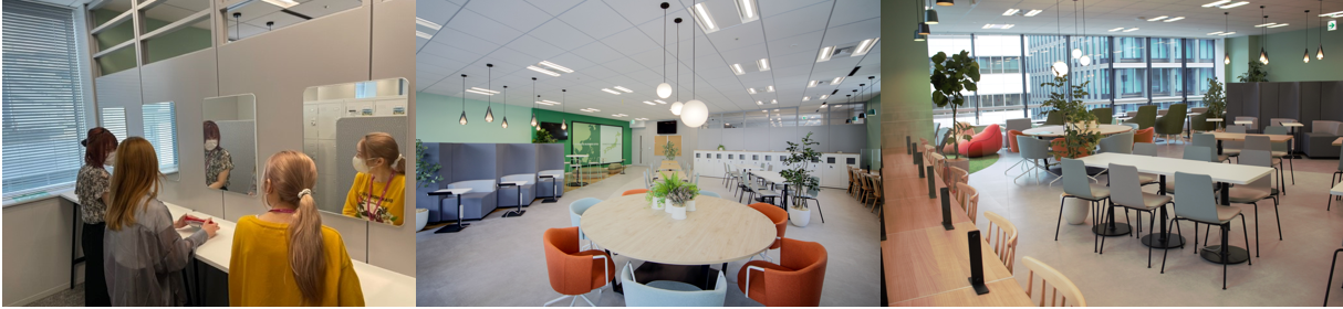 〈ロッカールーム内の身だしなみコーナーや、ひとり席を多く用意した休憩室〉