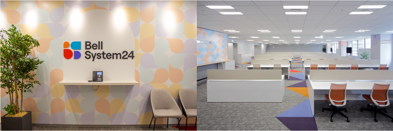 〈コーポレートロゴと「博多織」のデザインを融合した受付やオペレーションルーム〉