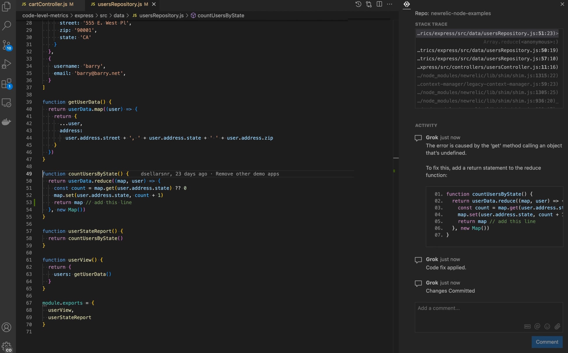 New Relic Grokとの会話画面(2):IDE上でソースコードの問題を特定
