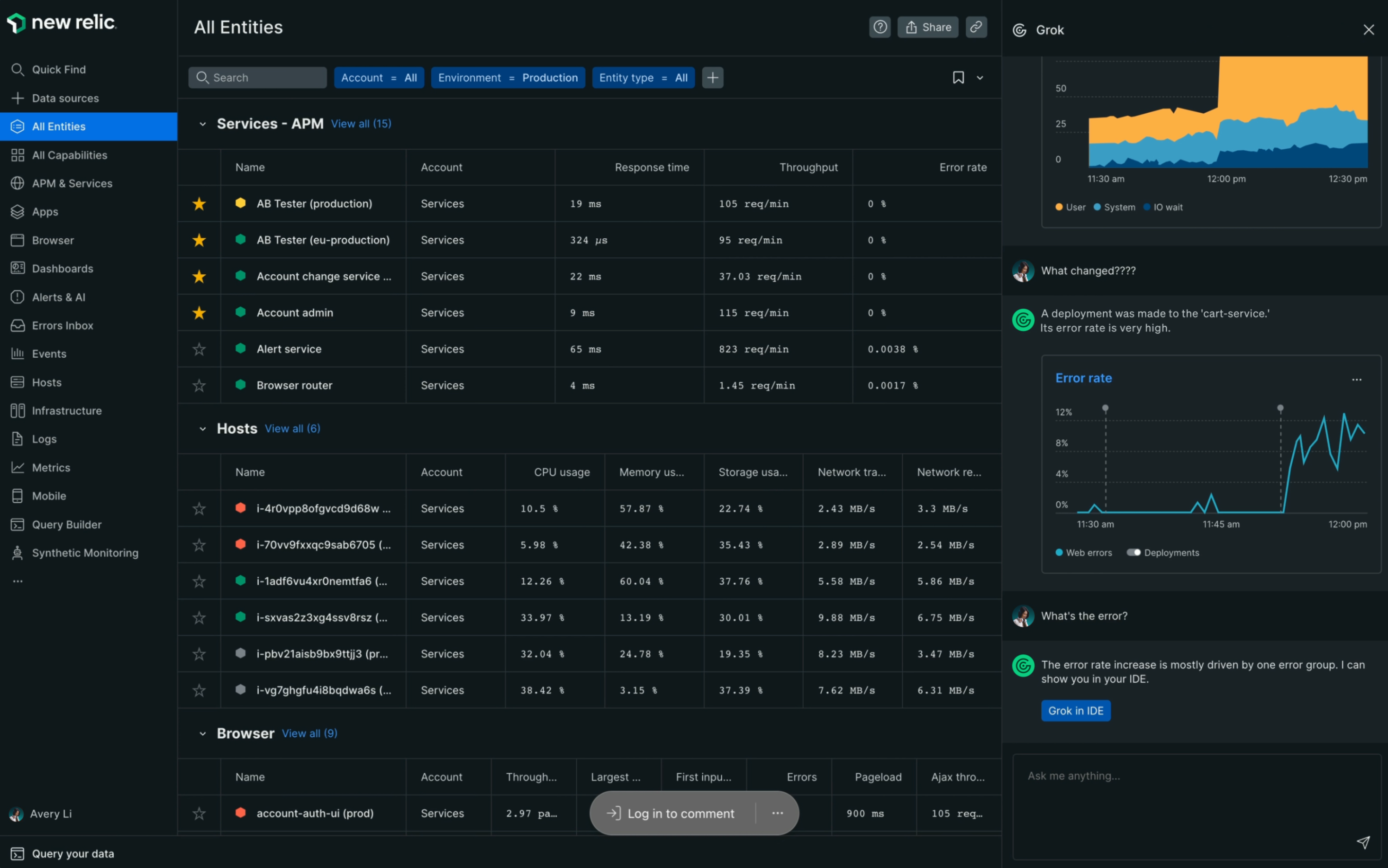 New Relic Grokとの会話画面(1)：システムの品質の問題と関連する直近の変更を特定