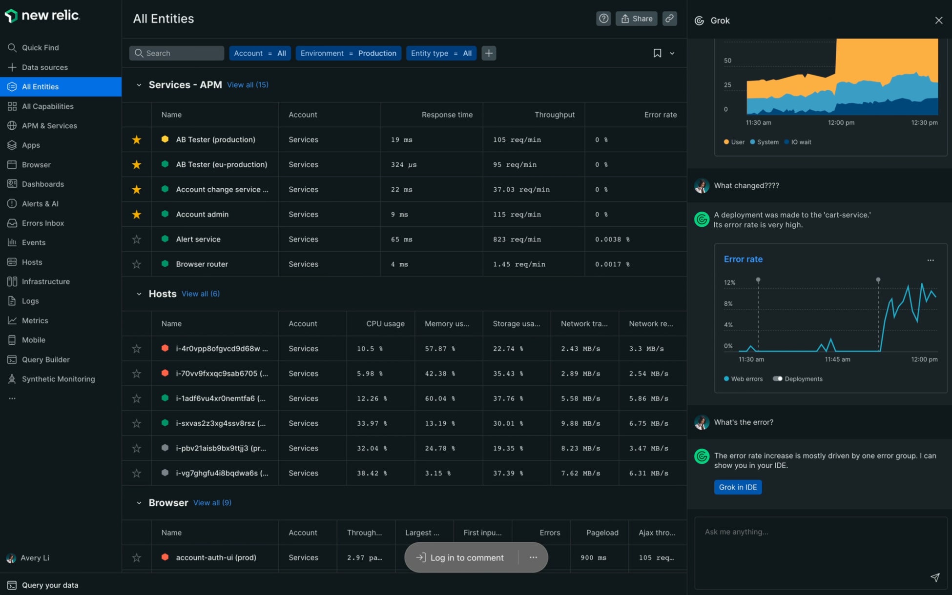 New Relic Grokとの会話画面(1):システムの品質の問題と関連する直近の変更を特定