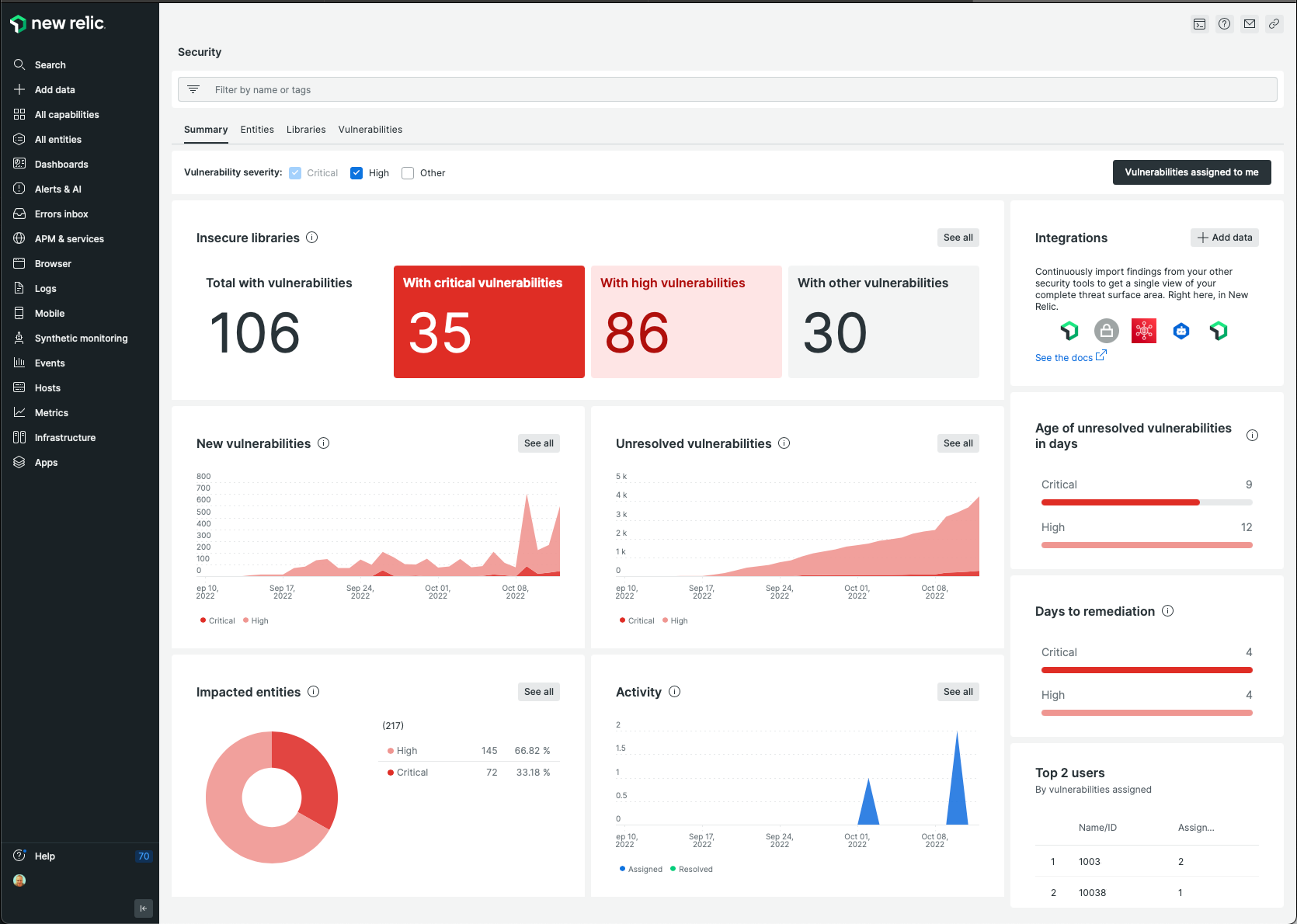 New Relic脆弱性管理機能UI画面