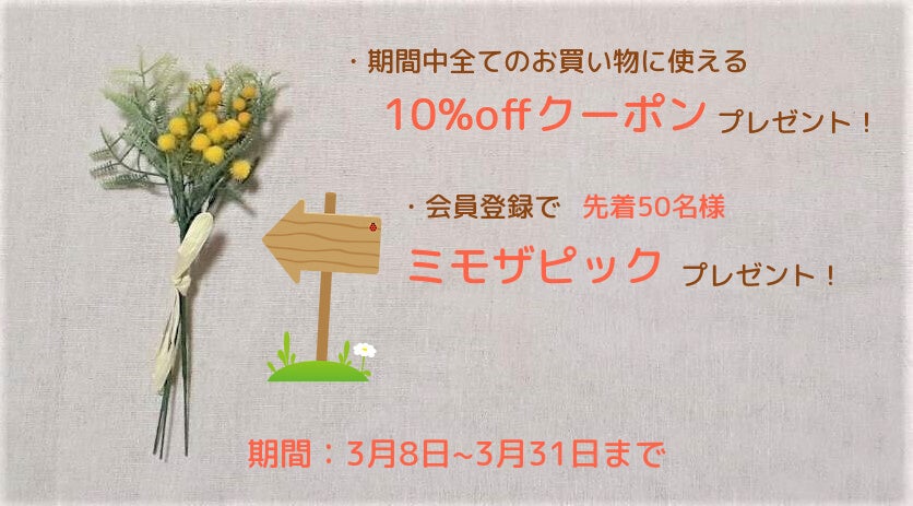 10%offクーポン、会員登録でミモザピックプレゼント！3月8~31日まで