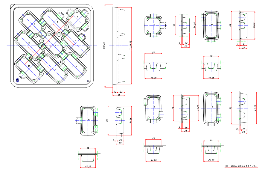 パッケージは、1つ1つの加熱寿司を採寸し、ネタごとにトレーの穴を設計し、金型から専用トレーを制作