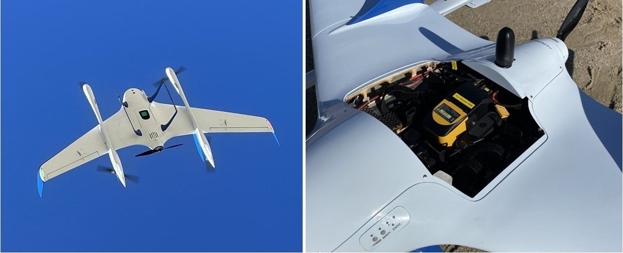 エアロボウイング（AS-VT01）(左）イエロースキャン製レーザースキャナを搭載したエアロボウイング（右）