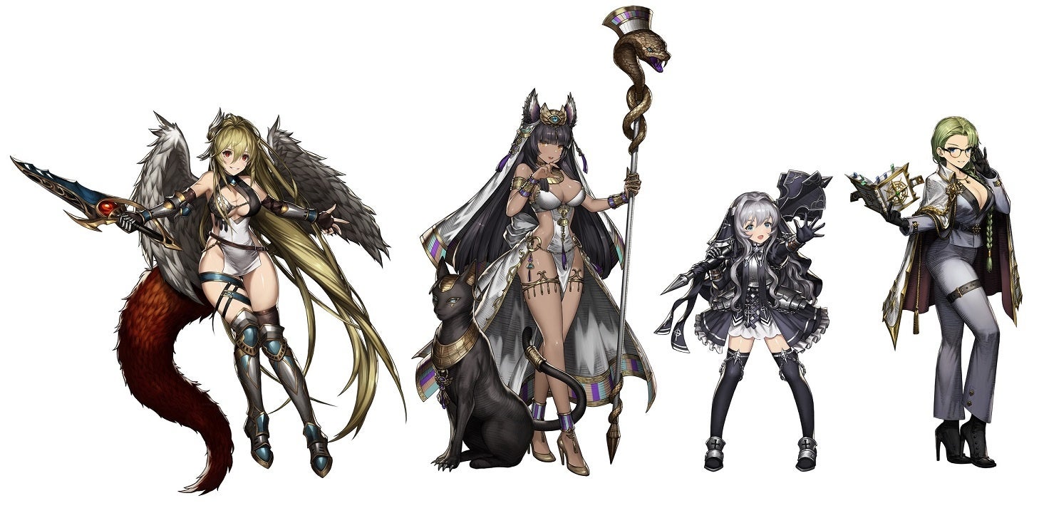 左から　シンダー（☆5カイナの助力者、CV：松田颯水さん）、クレイ（☆5アヌビスの助力者、CV：行成とあさん）、 グロウリン（☆5グロリアの助力者、CV：春野杏さん）、エレシア（☆3アリネスの助力者、CV：皆森水希さん）