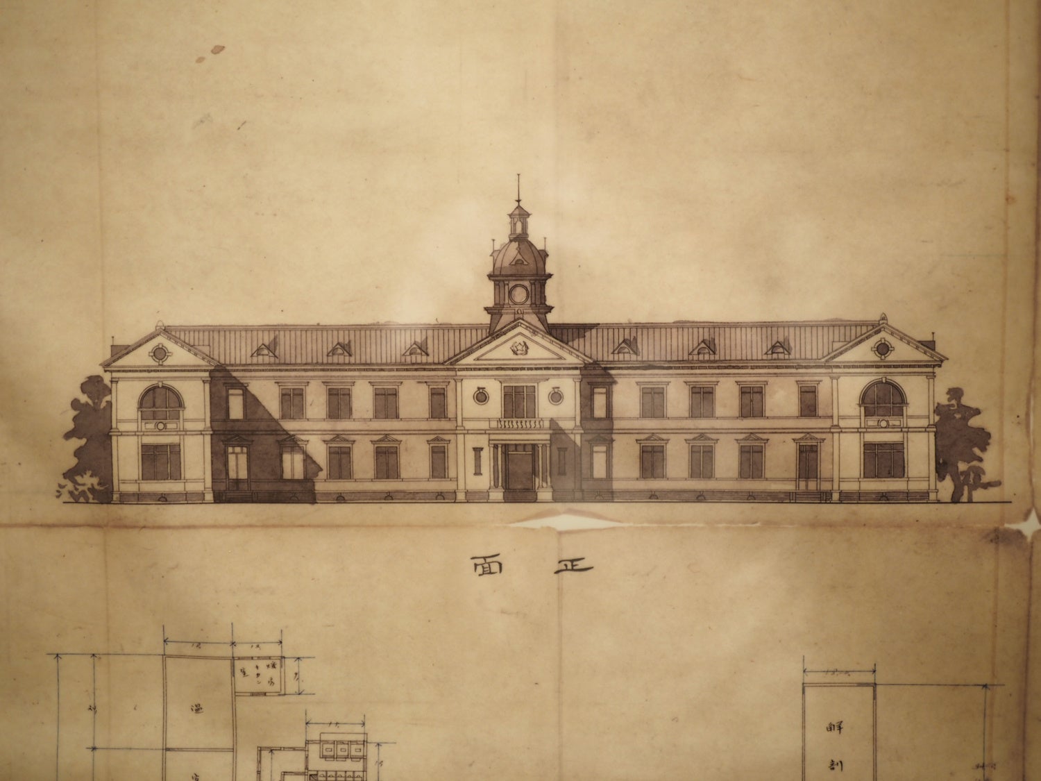 明治時代の建設当時に描かれた 北海道大学旧農学部校舎の完成図 （北大資料館蔵）
