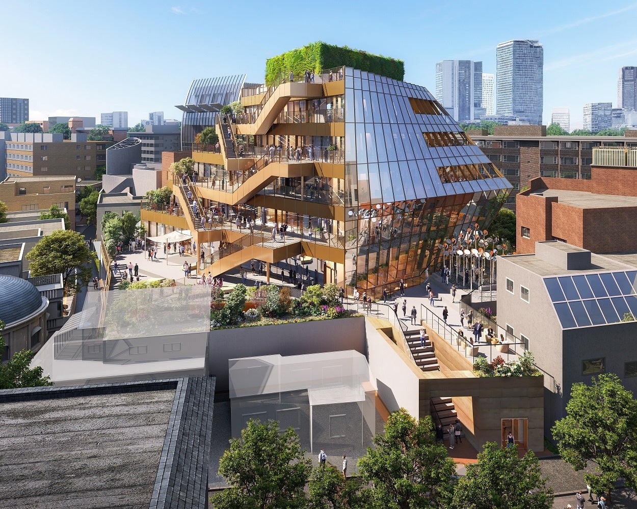 広場やアートスケープを設えたヒューマンスケールな屋外空間（北西側外観イメージ）