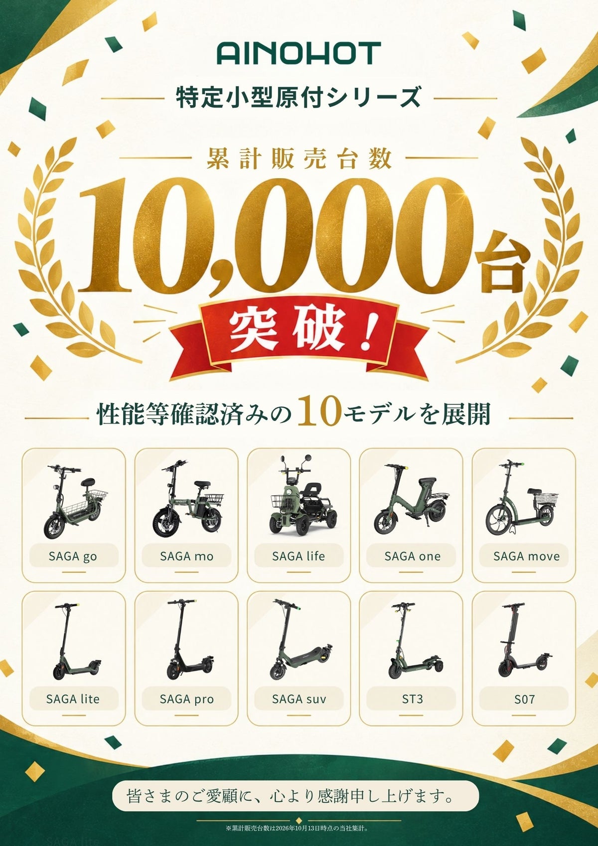 AINOHOTの特定小型原付シリーズが累計販売台数10,000台を突破 東京・大阪の3店舗で無料試乗予約も受付中