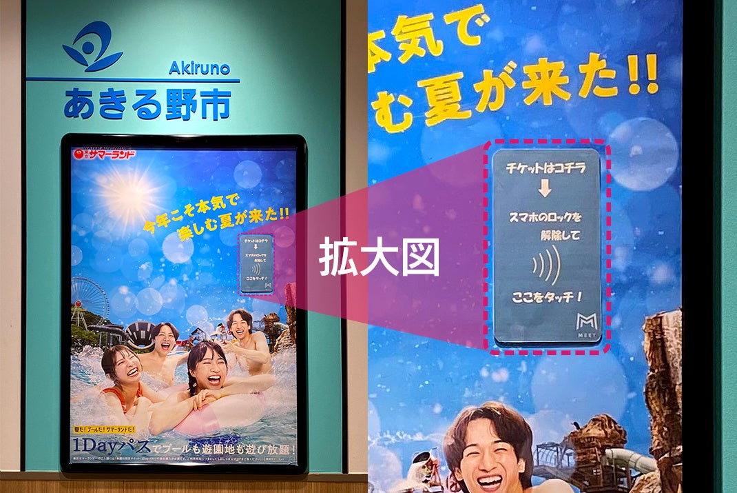 MEETを活用したチケット購入用のポスター（スマホをタッチすると園内チケット購入用のサイトが表示）