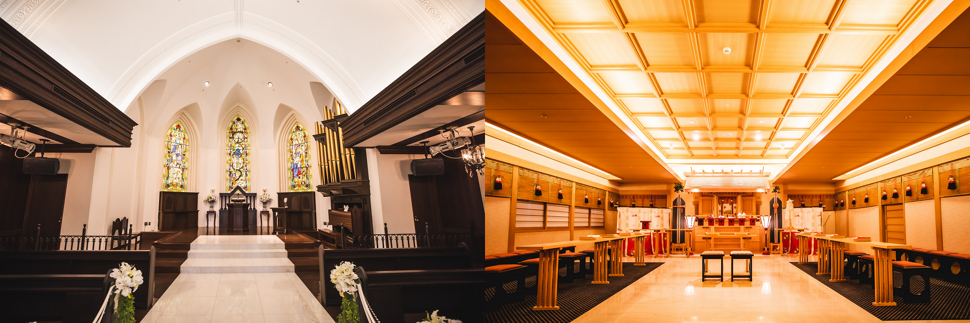 　　　　　　　　　＜チャペル内観＞　　　　　　　　　　　　　　　　　　　　＜神殿内観＞
