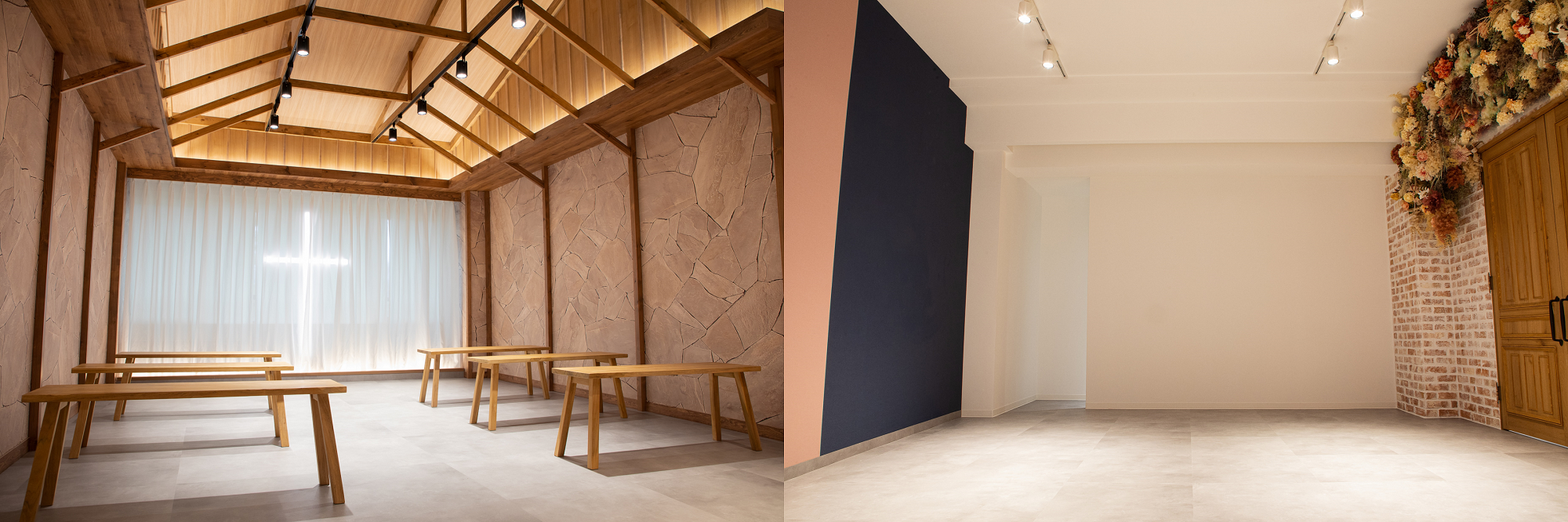 ＜左：チャペル撮影スペース　右：スタジオ撮影スペース＞