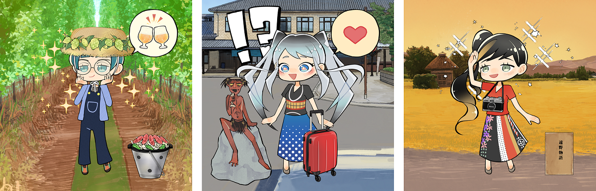 （画像）GOTLのキャラクターNFT。遠野市内の店舗や観光地にチェックインすることで、背景や衣装、持ち物などのアイテムが追加され、キャラクターNFTが変化していきます。