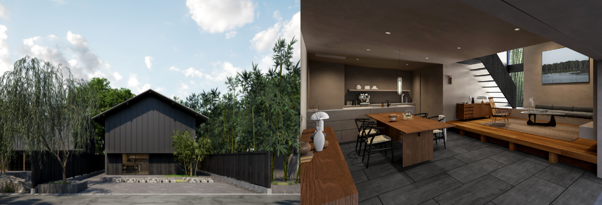 扉を開けると広がるひとつづきの大きな土間が印象的なリビング。風景を切り取るようにデザインされた窓や、光の移ろいを感じる採光、美しいものを飾りたくなるようなふとした隙間は、家の中に数々の風景を生み出します。