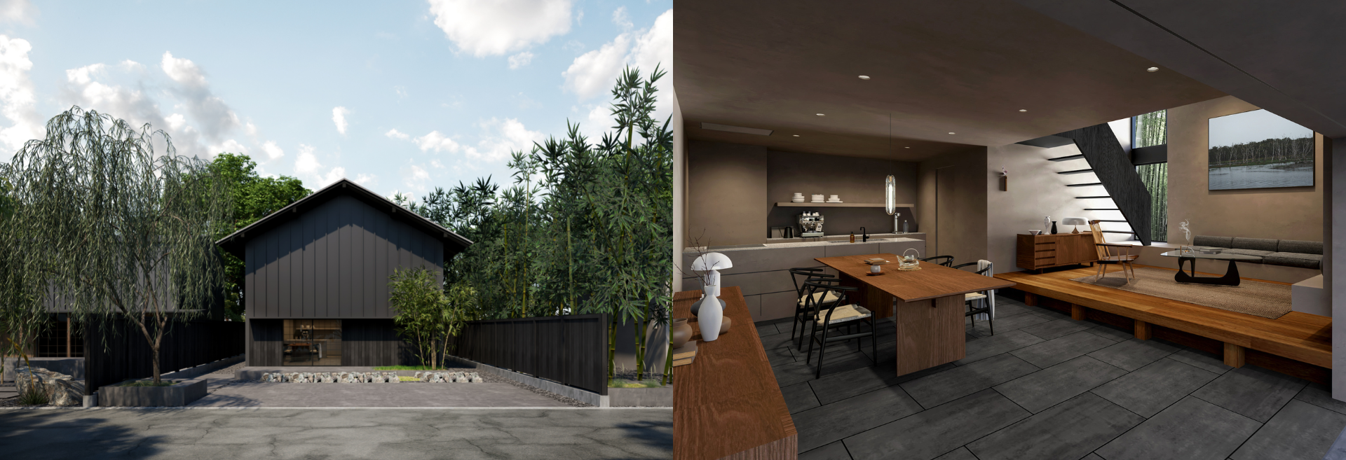 扉を開けると広がるひとつづきの大きな土間が印象的なリビング。風景を切り取るようにデザインされた窓や、光の移ろいを感じる採光、美しいものを飾りたくなるようなふとした隙間は、家の中に数々の風景を生み出します。