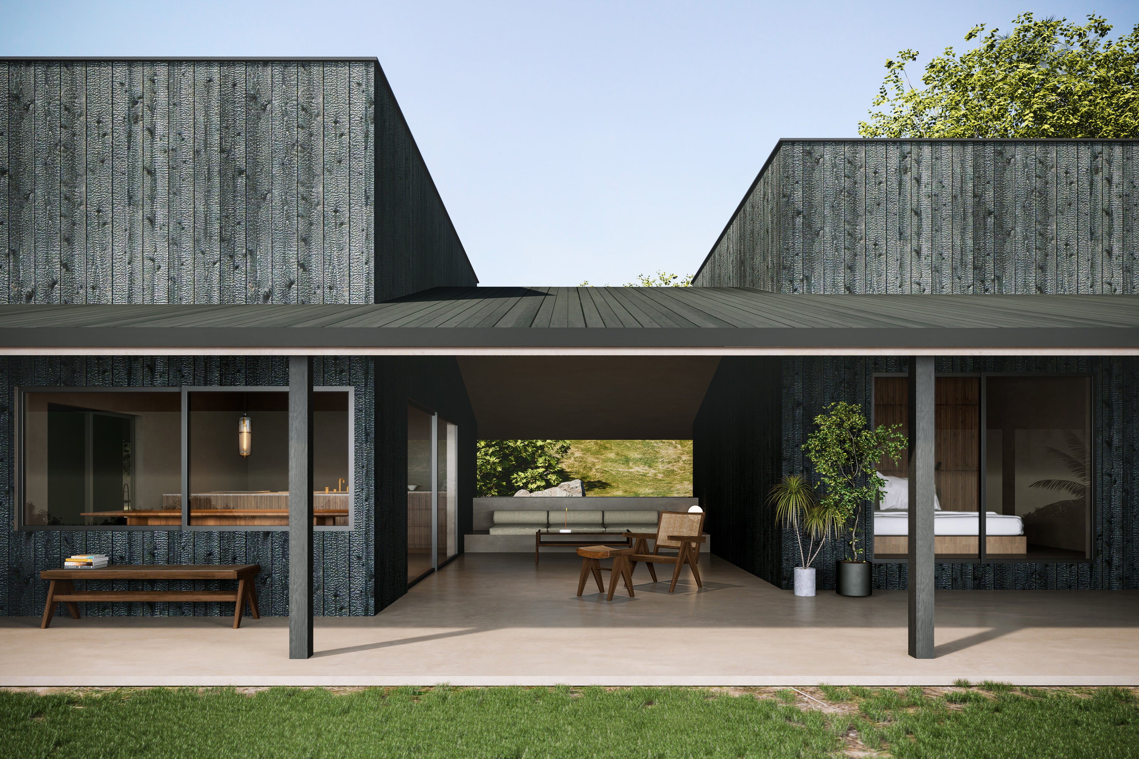 寝室や風呂等の個室が並ぶ中央には、家族や友人と過ごすリビングスペースを配置。唯一全ての壁を取り払い、開放感を全身で感じられる空間に仕上げました。