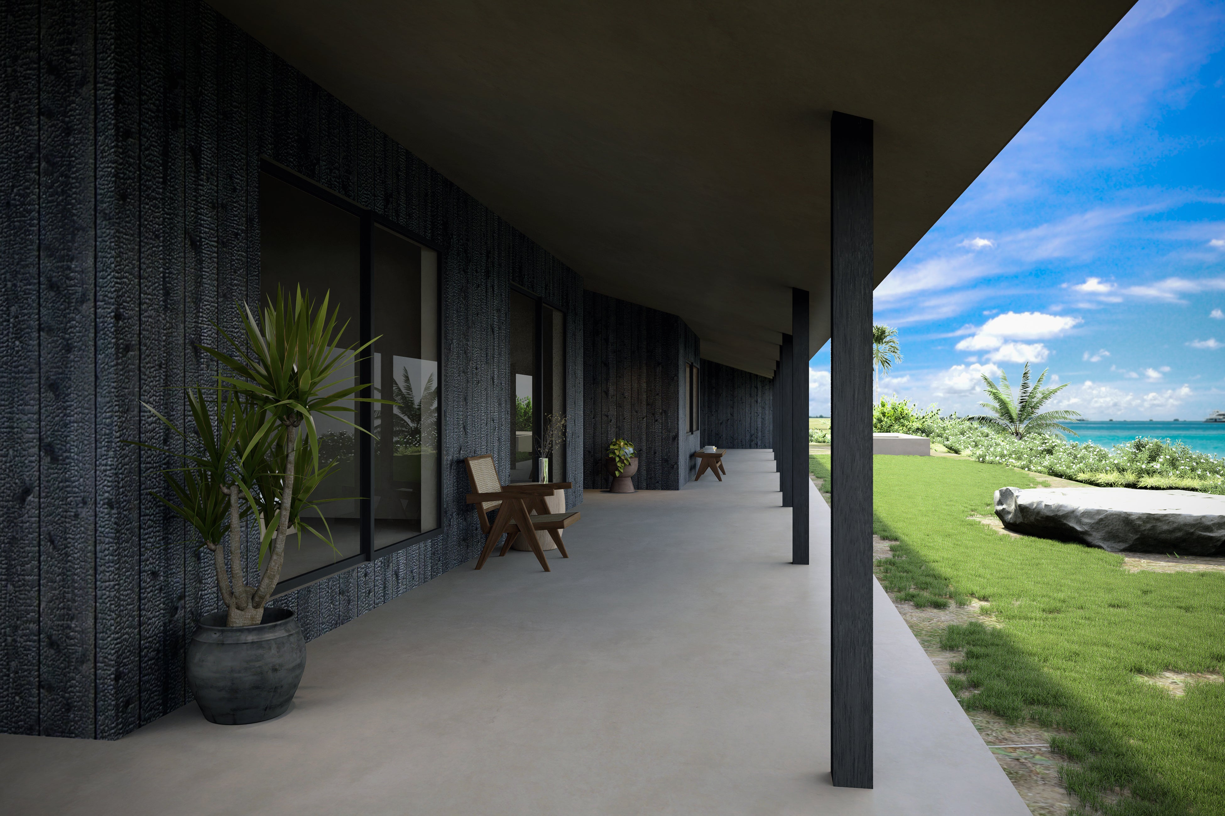 長く伸びる軒には、時間の移ろいを可視化するだけでなく、雨風をほどよく避けながら快適に暮らせる工夫も込められています。