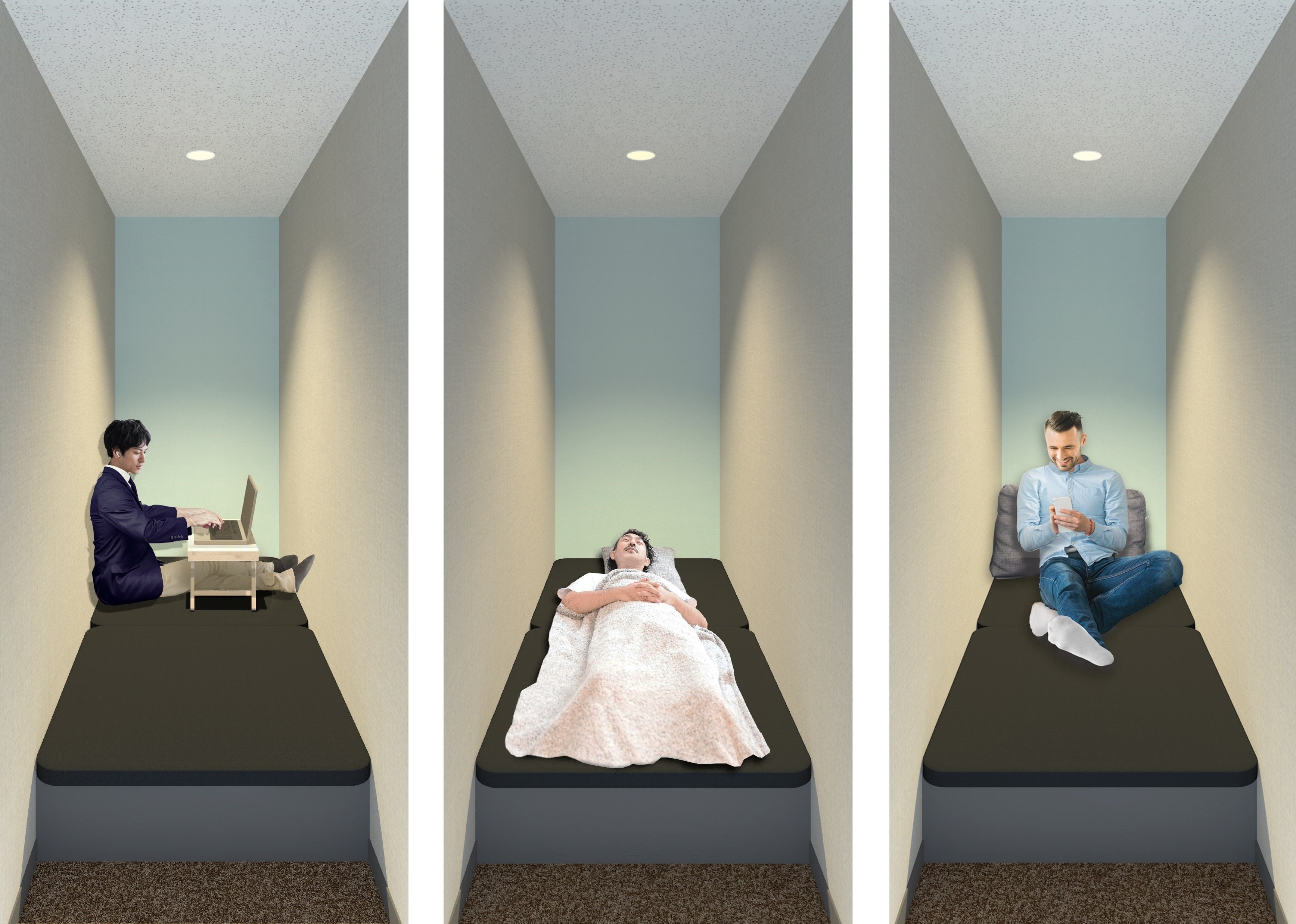 オンライン会議、仮眠、高速回線による快適なスマホいじり等多様なシーンで利用できます。