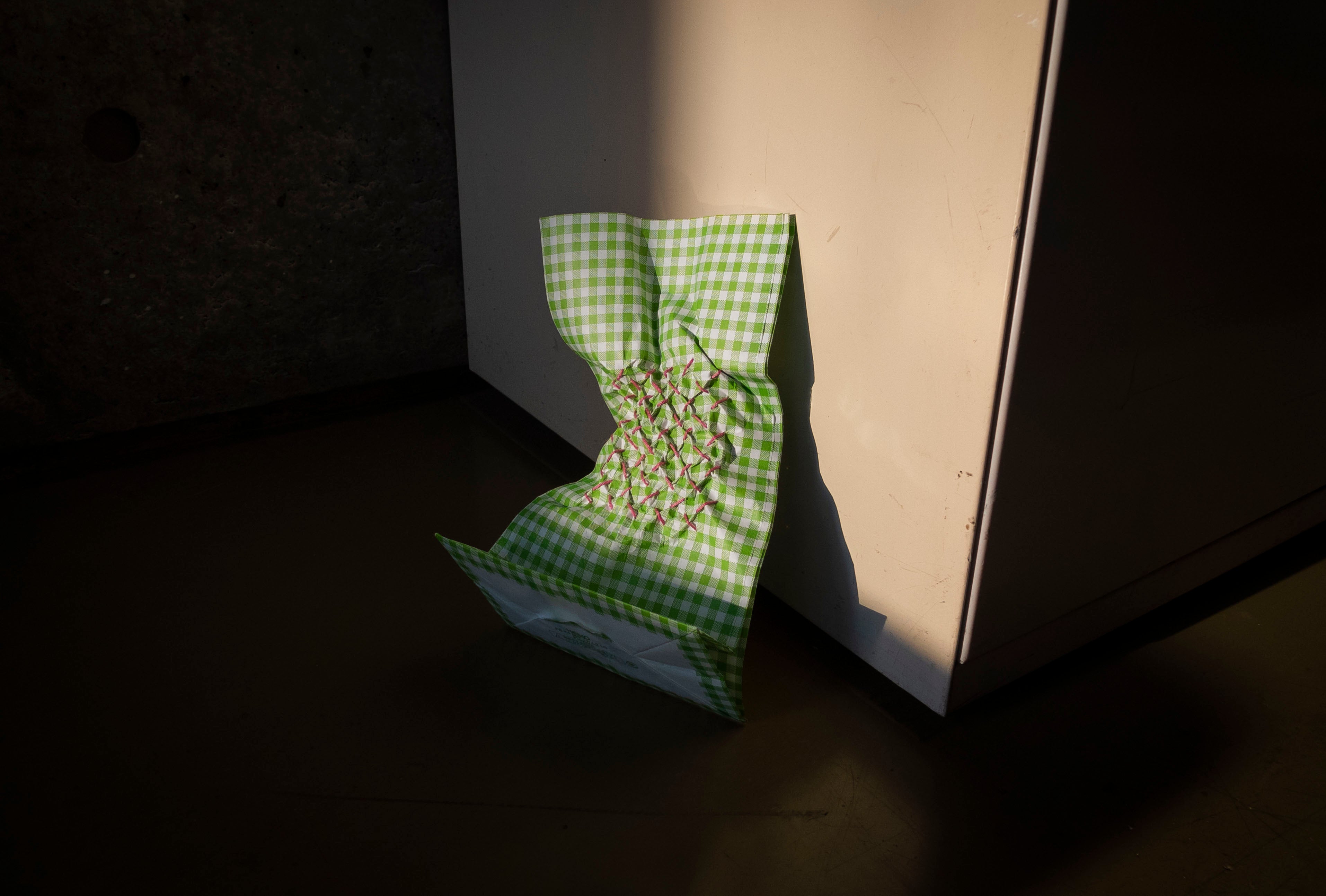 古屋湖都美「DAILY NECESSITIES CANVAS(黄緑色チェックの紙袋)」