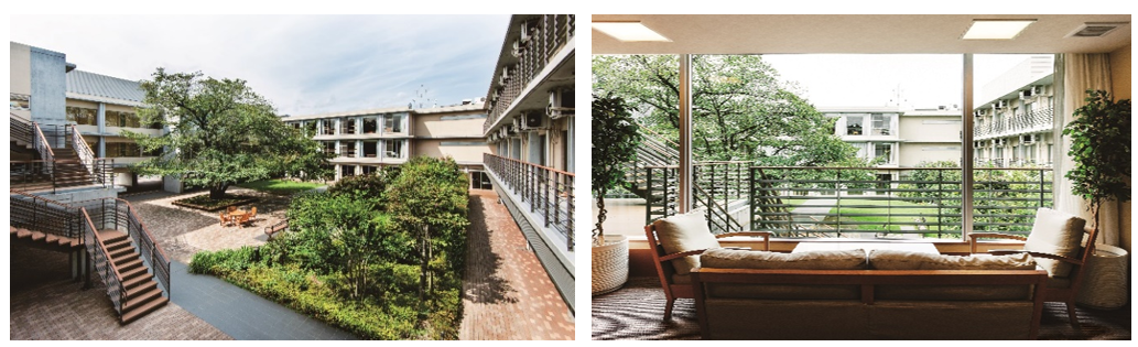 【贅沢な共同空間】2,000坪の敷地に静かに佇む「ゆうらいふ世田谷」。中庭の植栽が四季折々の美しさを演出し、館内は明るい光がさしこみ開放感あふれる空間です。ソラストグループの中でも、ハイグレードな有料老人ホームです。