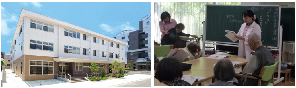 （左）有料老人ホーム「みどりの風」では、救急医療体制に力を入れ、緊急時には迅速に適切に対応できる万全の体制を整えています。（右）通所介護では、レクリエーションに「おとなの学校」を取り入れています。