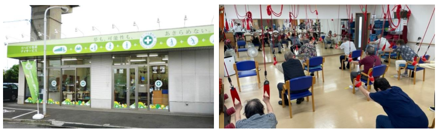 空圧式のトレーニングマシーンや天井から下げられたレッドコード(二本の紐)を使用したリハビリテーション。お一人おひ とりの身体能力に応じたリハビリプログラムを作成し、日常生活動作の向上、QOL(生活の質)の向上を目指します。