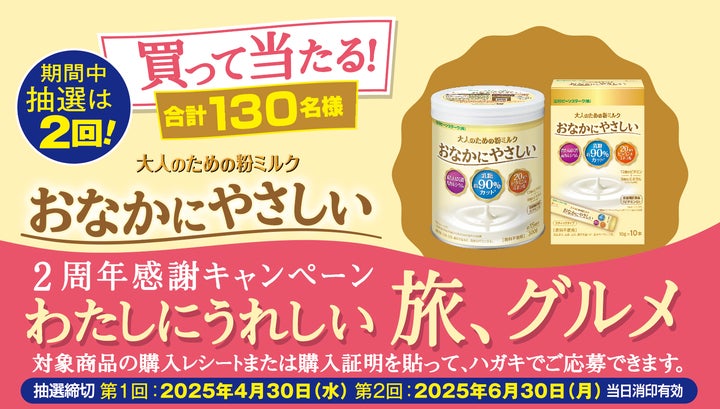 大人のための粉ミルク「おなかにやさしい」購入で当たる!2周年 大人のための粉ミルク「おなかにやさしい」購入で当たる!2周年