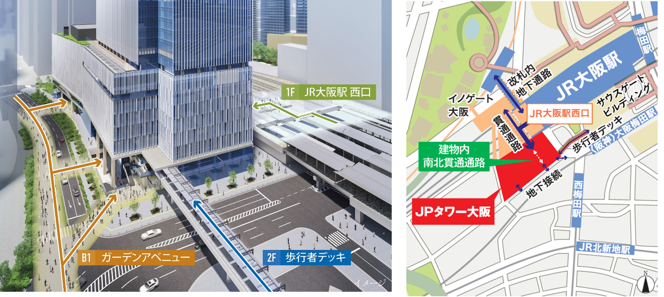 歩行者ネットワークイメージ（ＪＲ大阪駅南側から）、（マップ）